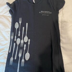 Mother's Bistro & Bar Black T-Shirt with Silver Utensil Design condiments